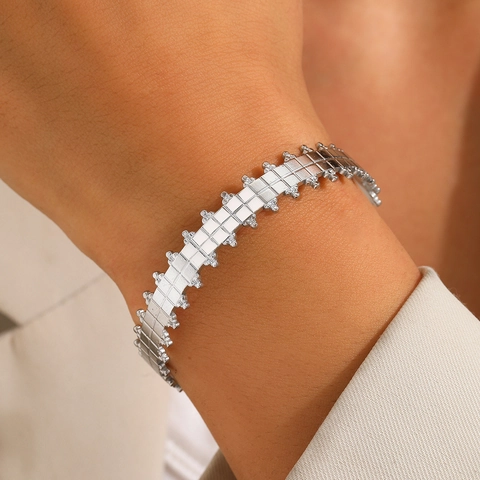 Stainless Steel Open Cuff Bangle Bracelet Geometric Grid Texture Beaded Edge Fashion Jewelry Elegant Accessory Adjustable