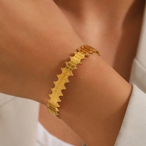 Stainless Steel Open Cuff Bangle Bracelet Geometric Grid Texture Beaded Edge Fashion Jewelry Elegant Accessory Adjustable