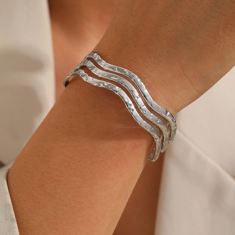 Wavy Open Cuff Bracelet Stainless Steel Hammered Texture Layered Geometric Adjustable Modern Jewelry For Women