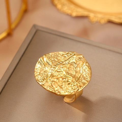 Anello In Acciaio Inossidabile Martellato Grande Disco Rotondo Regolabile Gioielli Statement Minimalisti Donna