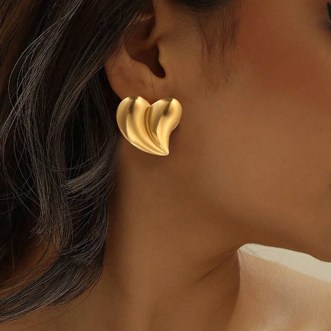 Heart Stud Earrings Stainless Steel 18K Gold Plated 3D Wavy Texture Chunky Statement Jewelry For Women