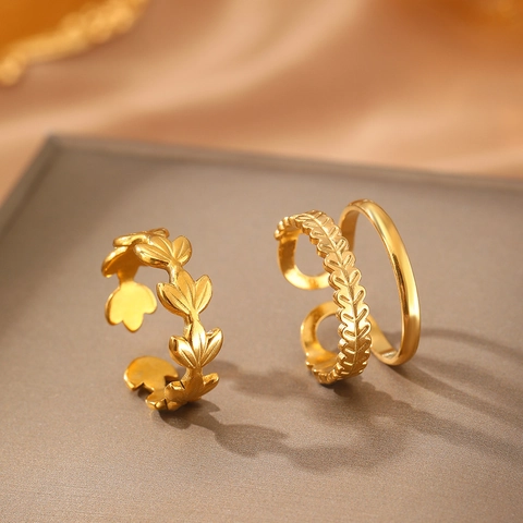 Leaf Adjustable Open Rings Stainless Steel Minimalist Double Layer Wheat Ear Pattern Elegant Jewelry For Women