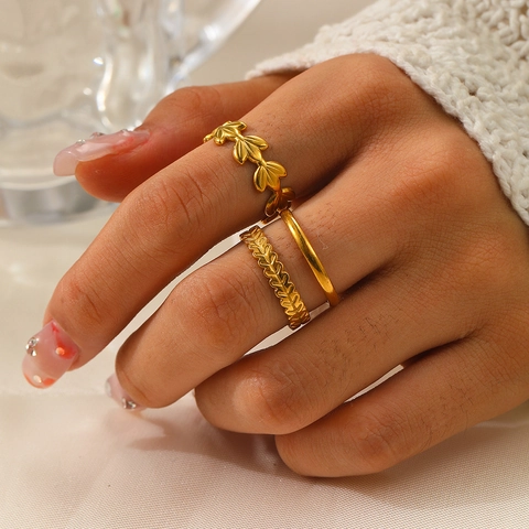 Leaf Adjustable Open Rings Stainless Steel Minimalist Double Layer Wheat Ear Pattern Elegant Jewelry For Women