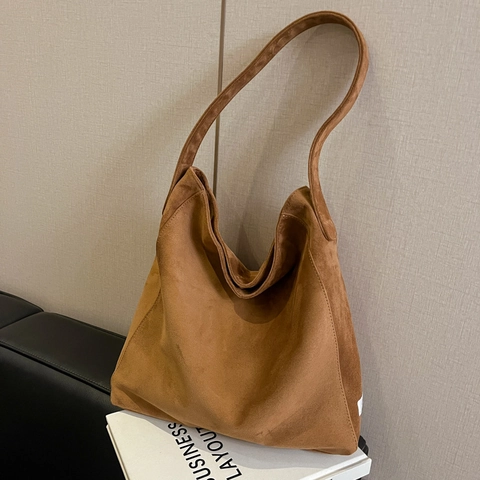 Women's Minimalist Suede Hobo Bag Large Capacity Vintage Solid Color Single Shoulder Tote Bag Casual Commuter Handbag