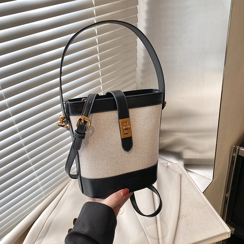 Borsa a Secchiello Vintage Patchwork in Tela Pelle PU per Donna Retro con Chiusura a Girello Oro Borsa a Tracolla Elegante Casuale