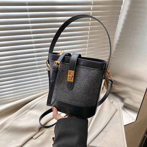 Borsa a Secchiello Vintage Patchwork in Tela Pelle PU per Donna Retro con Chiusura a Girello Oro Borsa a Tracolla Elegante Casuale