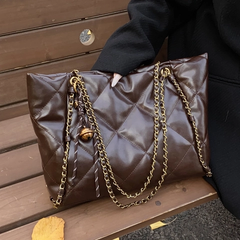Damen Große Kapazität Gesteppte Raute Einkaufstasche Mit Gold Kette Riemen Vintage PU Leder Schultertasche Für Pendeln