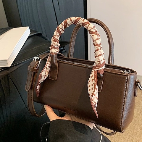 Dames Retro Leren Handtas Met Satijnen Sjaal Handvat Effen Kleur Minimalistisch Schoudertas Voor Dagelijks Stedelijk Werk