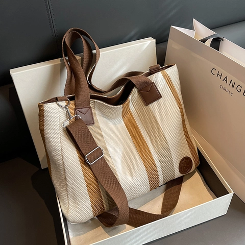 Damen Große Kapazität Gestreifte Canvas Tragetasche Lässiges Business Pendeln Schultertasche Mit Reißverschluss Doppelgriffen Mode Handtasche