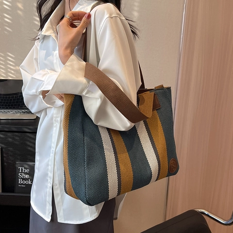 Damen Große Kapazität Gestreifte Canvas Tragetasche Lässiges Business Pendeln Schultertasche Mit Reißverschluss Doppelgriffen Mode Handtasche