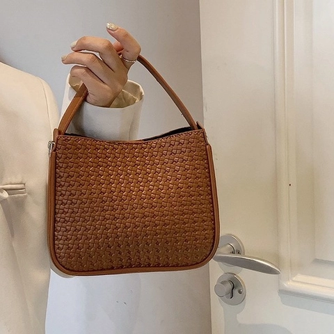 Woven PU Leather Shoulder Crossbody Bag Retro Chic Handheld Square Tote Bag For Women Daily Casual Minimalist