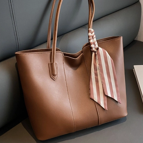 Große PU Leder Einkaufstasche Mit Seidentuch Dekor Für Damen Minimalistisch Pendler Umhängetasche Reißverschluss Handtasche