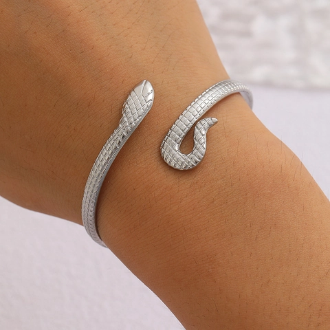 Snake Bangle Adjustable Stainless Steel Open Bracelet Carved Scale Texture Animal Gothic Minimalist Jewelry For Women