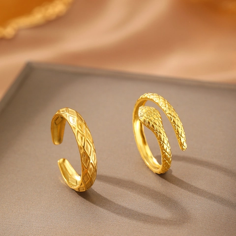 Snake Shaped And Geometric Pattern Opening Rings Stainless Steel Hollow Double Layer Trendy Jewelry For Women