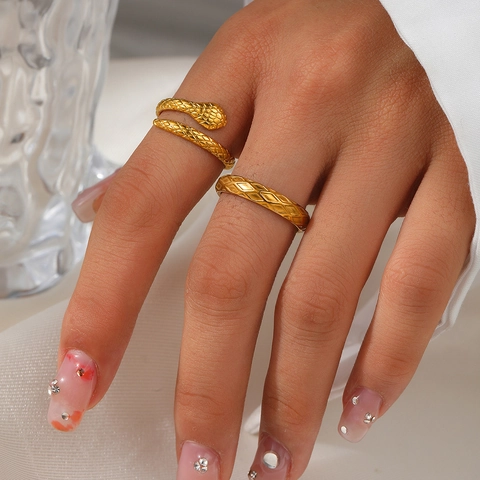 Snake Shaped And Geometric Pattern Opening Rings Stainless Steel Hollow Double Layer Trendy Jewelry For Women