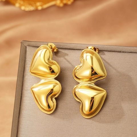 Dubbel Hart Oorknopjes Roestvrij Staal Puffed Metaal Spiegelglans Trendy Minimalistische Vintage Sieraden Voor Dames