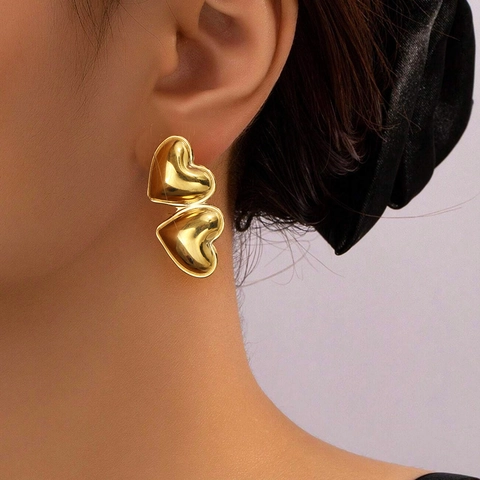 Dubbel Hart Oorknopjes Roestvrij Staal Puffed Metaal Spiegelglans Trendy Minimalistische Vintage Sieraden Voor Dames