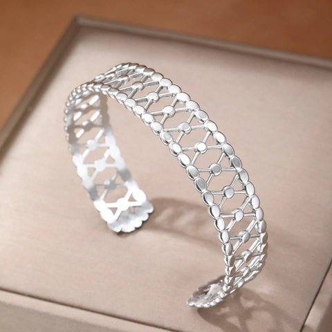 Stainless Steel Cuff Bracelet Hollow Geometric Mesh Adjustable Fashion Jewelry For Women Elegant Commute Style