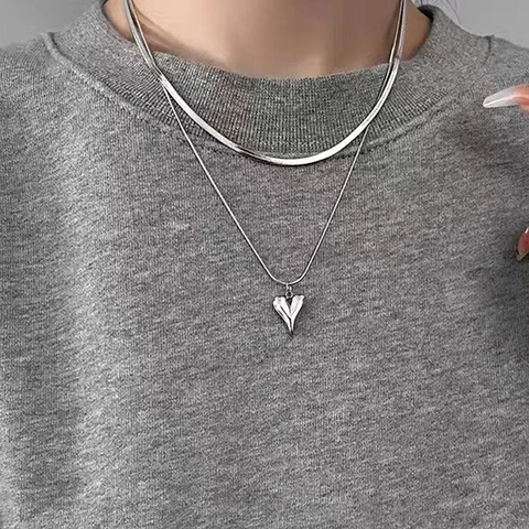Double Layer Heart Pendant Necklace Stainless Steel Herringbone Snake Bone Chain Minimalist Hip Hop Jewelry For Women