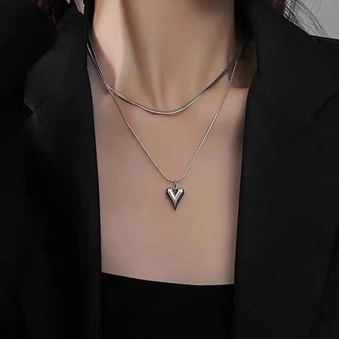Double Layer Heart Pendant Necklace Stainless Steel Herringbone Snake Bone Chain Minimalist Hip Hop Jewelry For Women