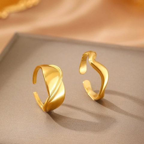 Minimalist Stainless Steel Wave Irregular Open Rings Adjustable Gold Silver Smooth Surface Rings For Women Modern Jewelry