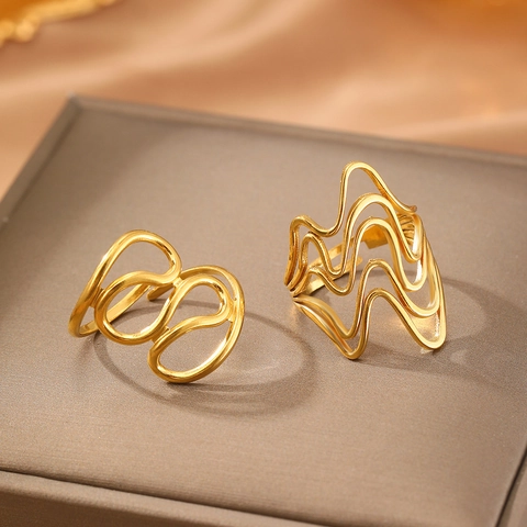 Minimalist Abstract Wavy Line Rings Stainless Steel Geometric Adjustable Open Finger Rings For Women Jewelry