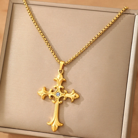 Roestvrijstalen Barok Kruis Hanger Ketting Voor Heren Dames Vintage Gotisch Gesneden Zirkonia Box Ketting Sieraden