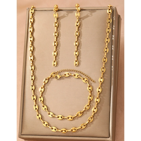 Collana Bracciale Orecchini Gioielli Acciaio Inossidabile Placcato Oro 18K Maglia Chicco Caffè Catena Vintage Hip Hop