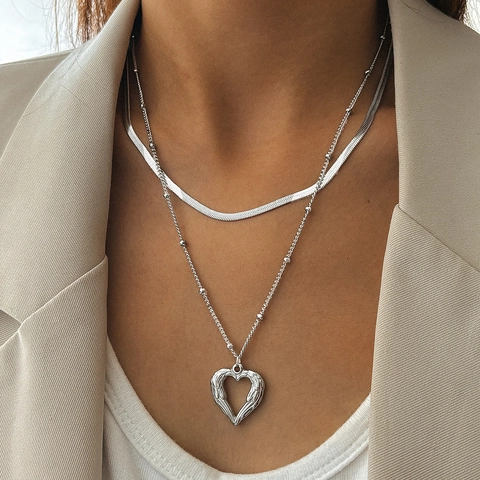 Double Layer Stainless Steel Necklace For Women Minimalist Hollow Heart Wing Pendant Herringbone Snake Bead Chain Jewelry