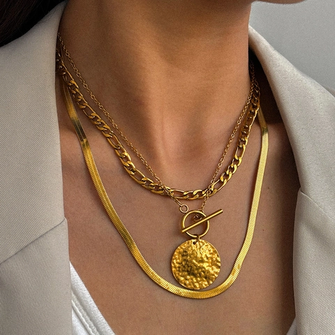 Collier Multi Rangs En Acier Inoxydable Avec Pendentif Disque Martelée Et Fermoir Toggle Bijoux Streetwear Rétro
