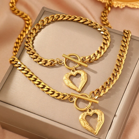 Collana E Bracciale In Acciaio Inossidabile Con Pendente A Cuore Catena A Maglia Cubana Chiusura A Barra Donna