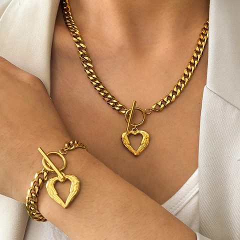 Collana E Bracciale In Acciaio Inossidabile Con Pendente A Cuore Catena A Maglia Cubana Chiusura A Barra Donna