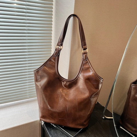 Vintage Geometric Patchwork Tote Bag PU Leather Shoulder Bag For Women Commuter Trendy Underarm Handbag Solid Color