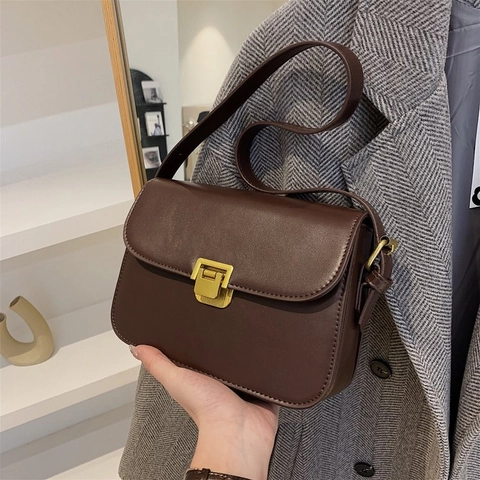 Women's Retro PU Leather Shoulder Bag Solid Color Square Crossbody Bag With Gold Metal Buckle Flap Daily Commute Handbag
