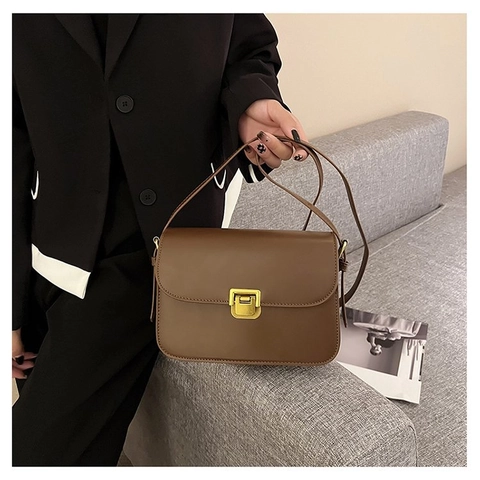 Women's Retro PU Leather Shoulder Bag Solid Color Square Crossbody Bag With Gold Metal Buckle Flap Daily Commute Handbag
