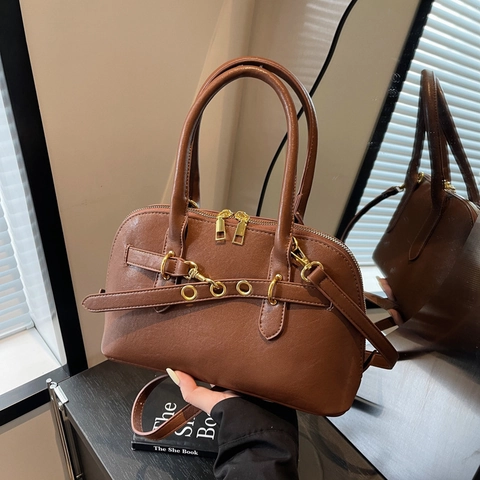 Women Boston Handbag PU Leather Retro Shoulder Crossbody Bag With Gold Hardware Eyelet Belt Decorative Office Casual