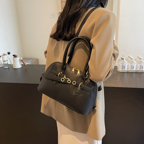 Women Boston Handbag PU Leather Retro Shoulder Crossbody Bag With Gold Hardware Eyelet Belt Decorative Office Casual