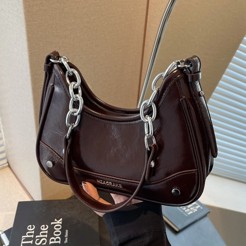 Borsa Sottobraccio Retrò In Pelle PU Lucida Per Donna Borsa A Spalla A Mezza Luna Con Catena Argentata Handbag Minimal