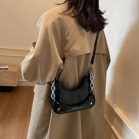 Borsa Sottobraccio Retrò In Pelle PU Lucida Per Donna Borsa A Spalla A Mezza Luna Con Catena Argentata Handbag Minimal