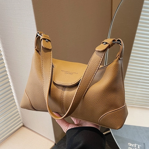 Borsa A Spalla Hobo Da Donna Pelle PU Grana Litchi Patta Chiusura Magnetica Tracolla Regolabile Vintage Minimalista