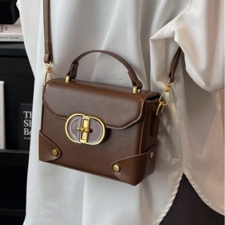 Retro PU Leather Denim Spliced Crossbody Handbag Women Golden Metal Buckle Top Handle Small Square Shoulder Bag