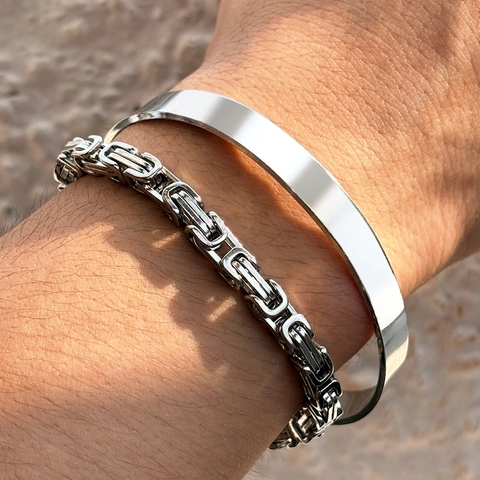 Pulsera De Cadena Bizantina Y Brazalete Abierto Acero Inoxidable Color Plata Estilo Hip Hop Hombre