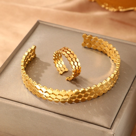 Gioielli In Acciaio Inossidabile Placcato Oro Argento 18K Regolabile Bracciale A Polsino Disco Cavo Tre File E Anello