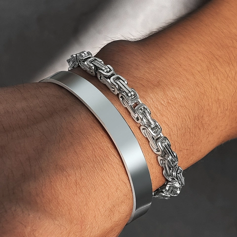 Pulsera De Cadena Bizantina Y Brazalete Abierto Acero Inoxidable Color Plata Estilo Hip Hop Hombre