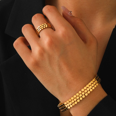 Gioielli In Acciaio Inossidabile Placcato Oro Argento 18K Regolabile Bracciale A Polsino Disco Cavo Tre File E Anello