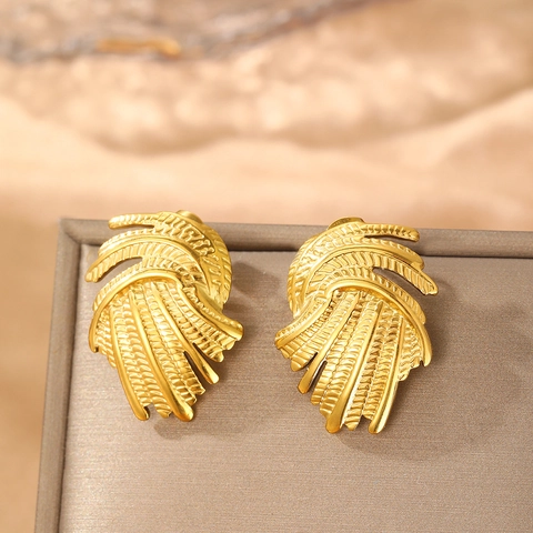 Boucles D'Oreilles En Acier Inoxydable Design Ailes De Plumes Étagées Irrégulières Texture Rétro Élégante Pour Femmes