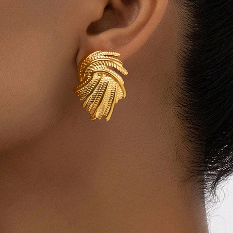Boucles D'Oreilles En Acier Inoxydable Design Ailes De Plumes Étagées Irrégulières Texture Rétro Élégante Pour Femmes