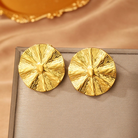 Stainless Steel Round Earrings Vintage Irregular Wrinkled Texture Sunburst Radial Metal Studs For Women