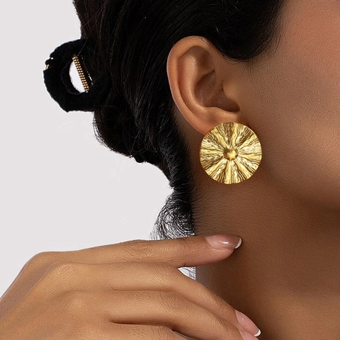 Stainless Steel Round Earrings Vintage Irregular Wrinkled Texture Sunburst Radial Metal Studs For Women