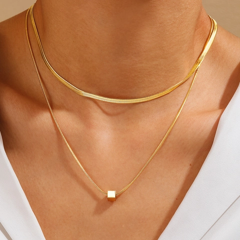 Collier Double Rang Acier Inoxydable Pendentif Cube Carré Géométrique Chaîne Serpent Plate Bijoux Pour Femmes